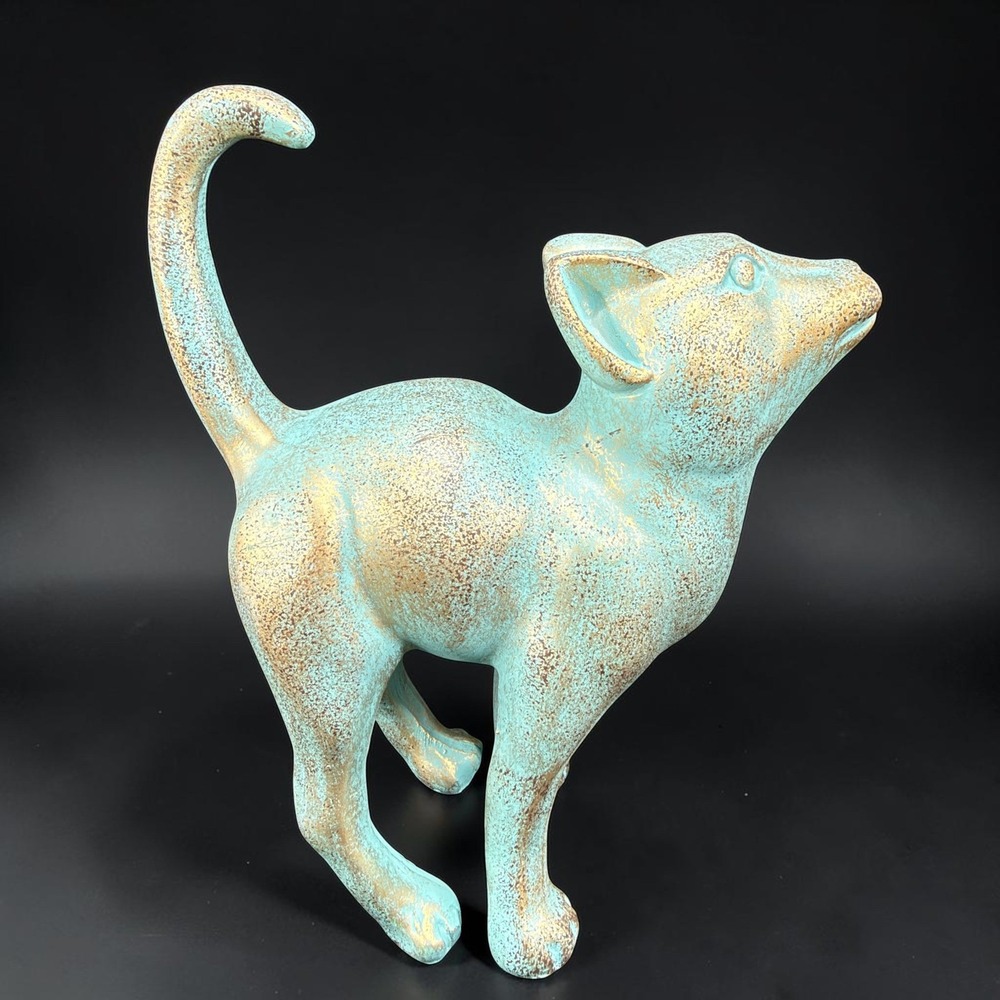 Teal Green Resin Cat Figurine Gold Sponged Patina Stylized Feline Statue 7inch